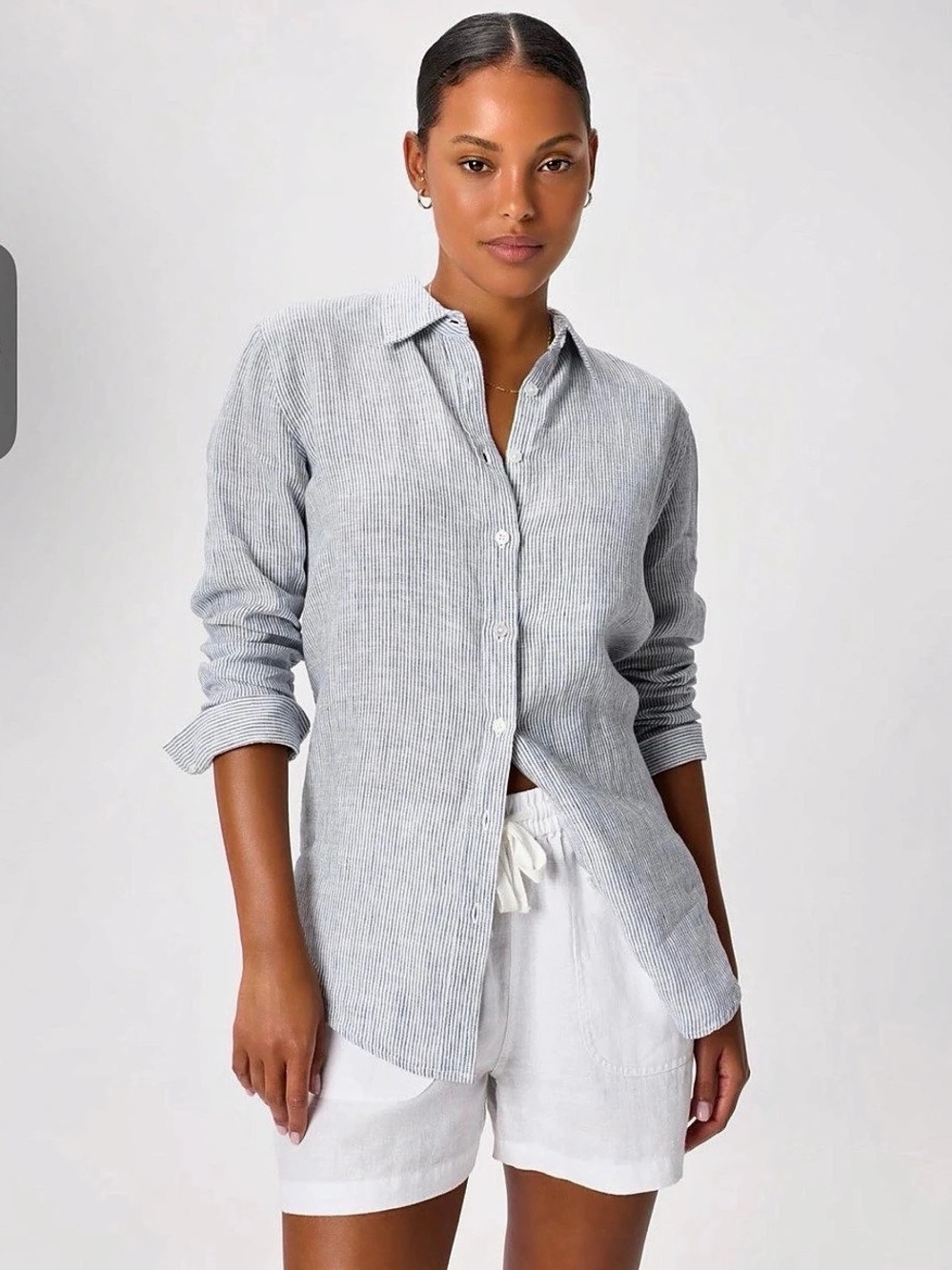 Quince 100% European Linen Long Sleeve Shirt Blue & White - Small